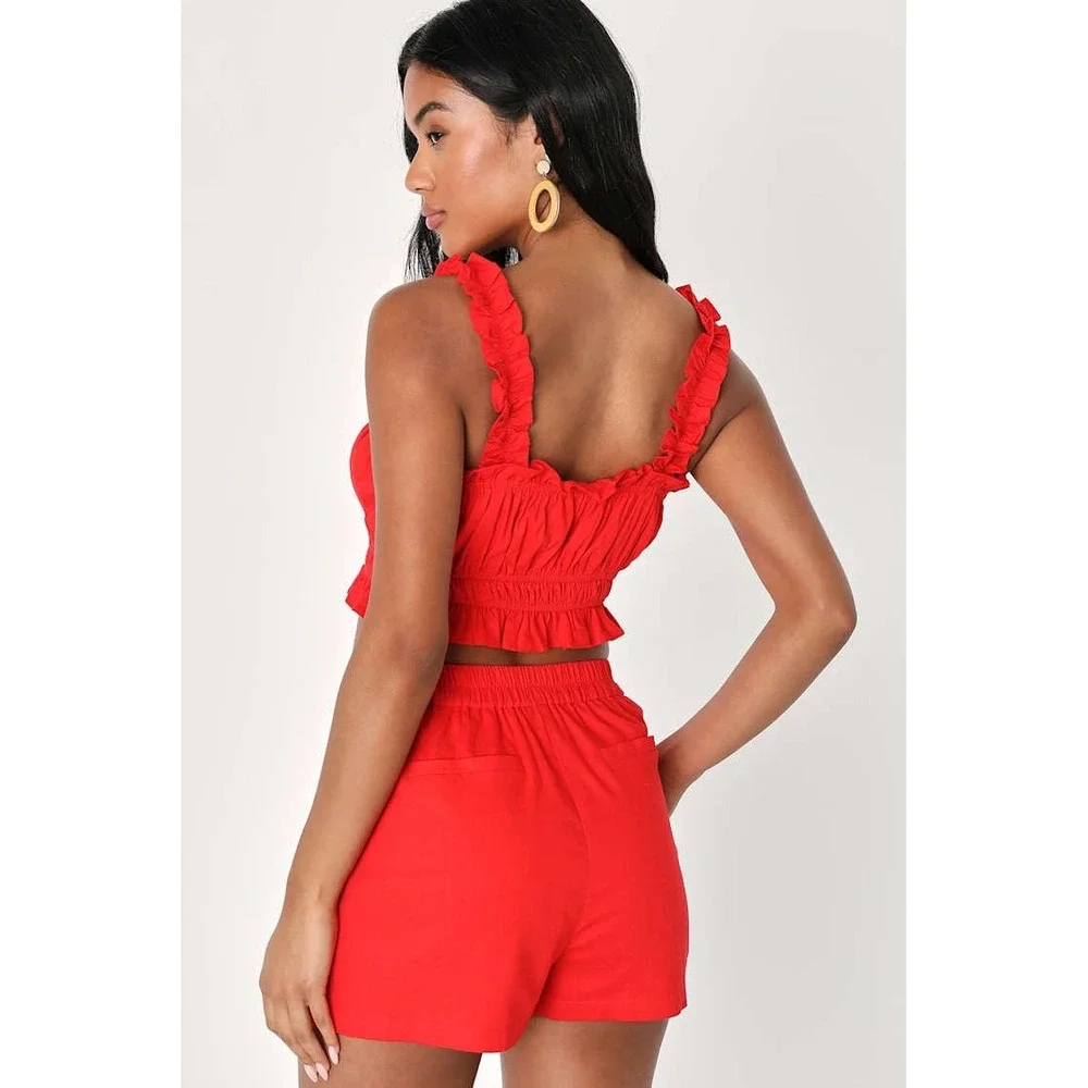 Lulus Hotter Temps Red Linen Ruffled Two-Piece Romper‎ Set NWT Medium